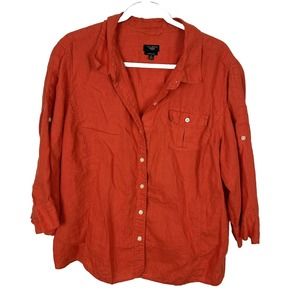 TALBOTS Womens 2X Orange Roll Tab Sleeve 100% Pure Irish Linen Button Front Top